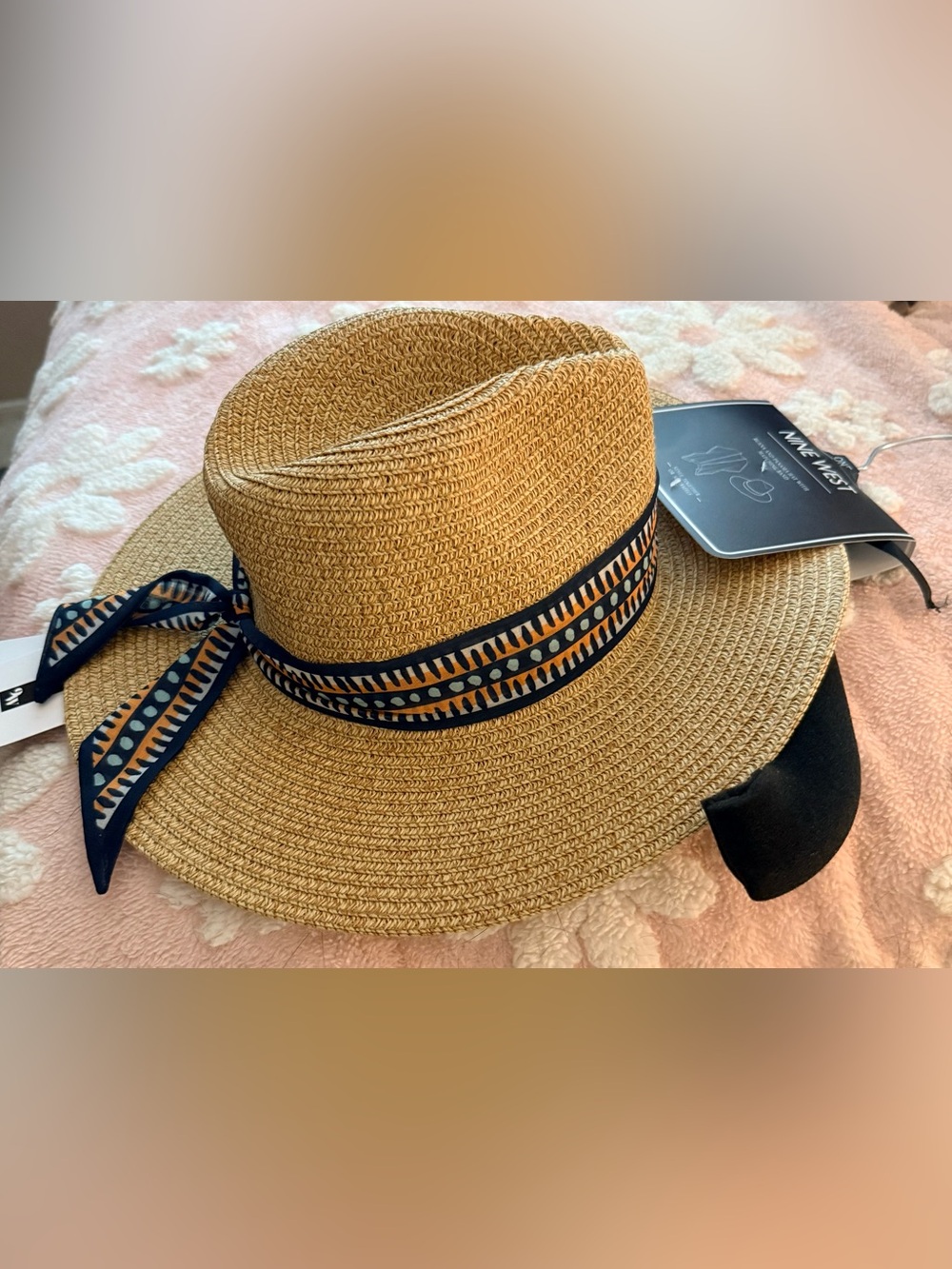 Nine West Natural Straw Sun Hat with Tan Trim and scarf wrap